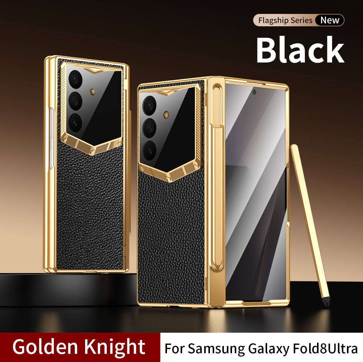 Leather Case For Galaxy Z Fold8/7/6 Ultra – Golden Plating Frame, Built-In Tempered Glass Film & Pen Box