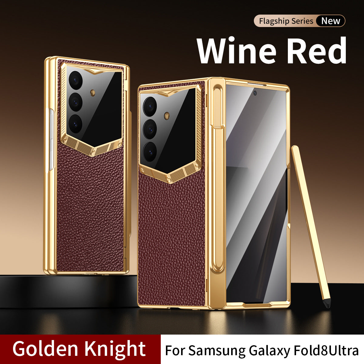 Leather Case For Galaxy Z Fold8/7/6 Ultra – Golden Plating Frame, Built-In Tempered Glass Film & Pen Box