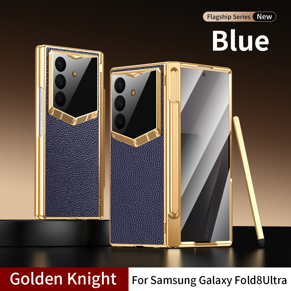 Leather Case For Galaxy Z Fold8/7/6 Ultra – Golden Plating Frame, Built-In Tempered Glass Film & Pen Box