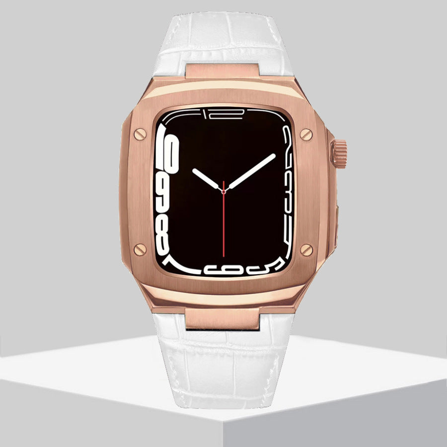 Luxury Metal Case Leather Strap For Apple Watch Series 44/45 mm - Mycasety Mycasety
