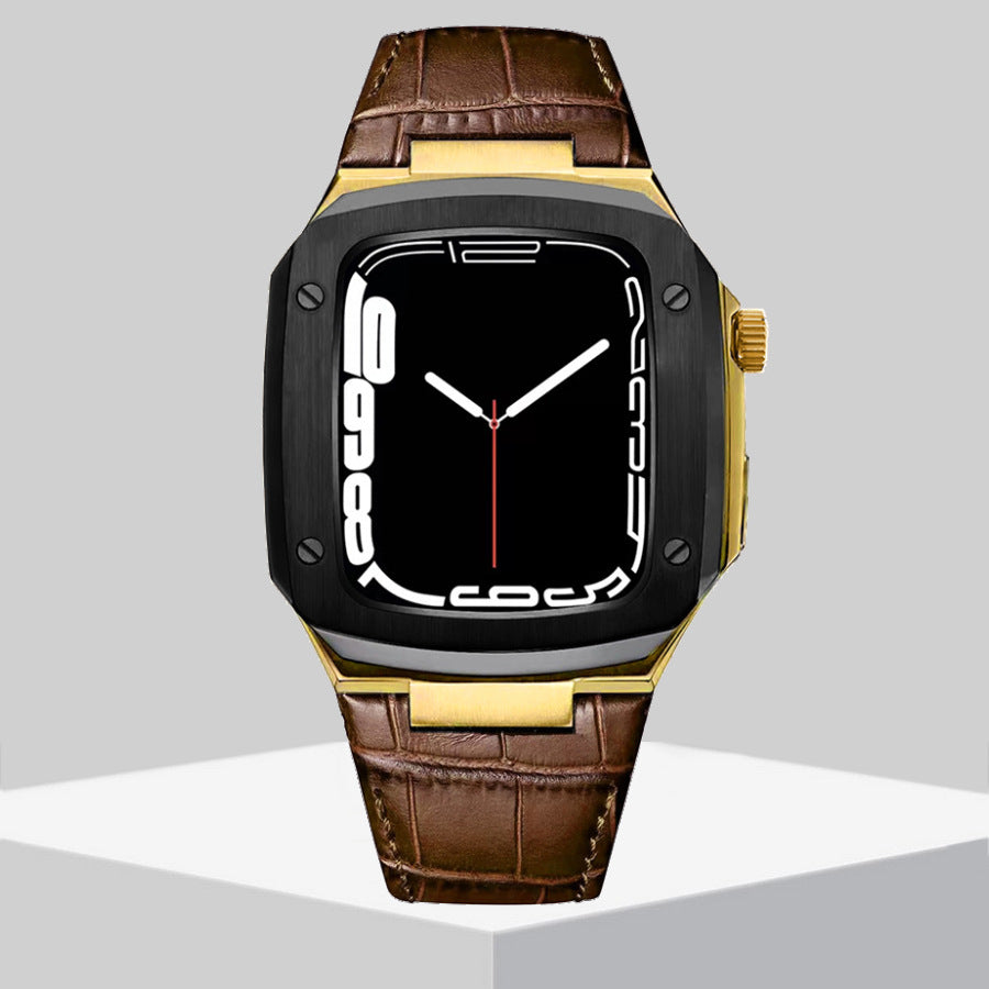 Luxury Metal Case Leather Strap For Apple Watch Series 44/45 mm - Mycasety Mycasety