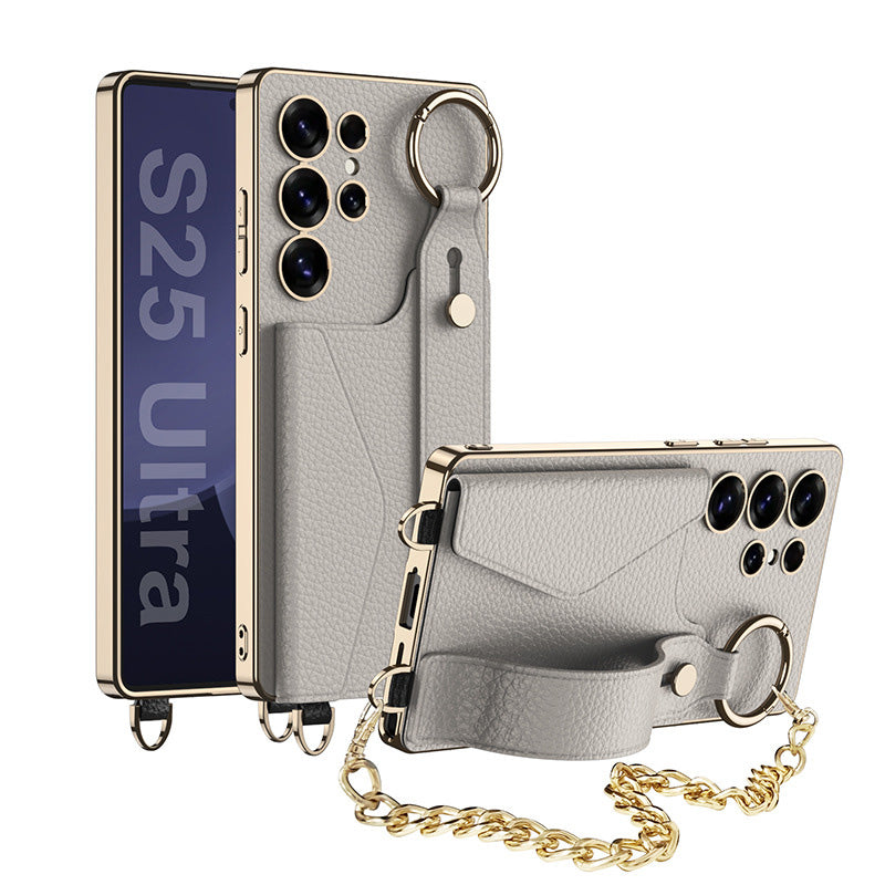 Electroplated Leather Shockproof Phone Cover With Bracelet For Galaxy S25 S24 S23 Ultra