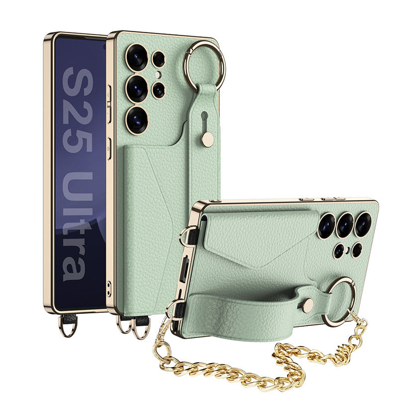 Electroplated Leather Shockproof Phone Cover With Bracelet For Galaxy S25 S24 S23 Ultra