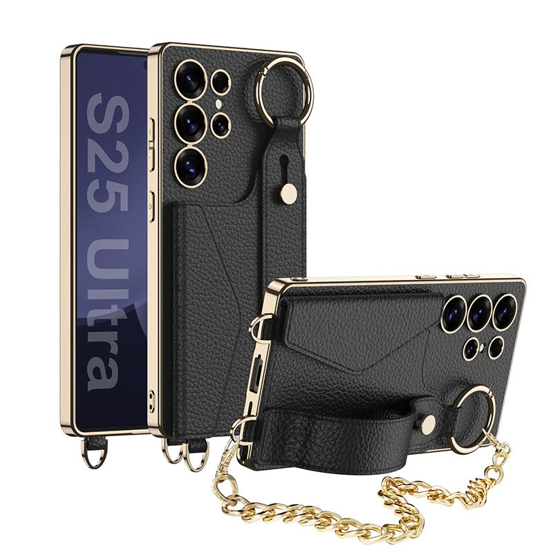 Electroplated Leather Shockproof Phone Cover With Bracelet For Galaxy S25 S24 S23 Ultra