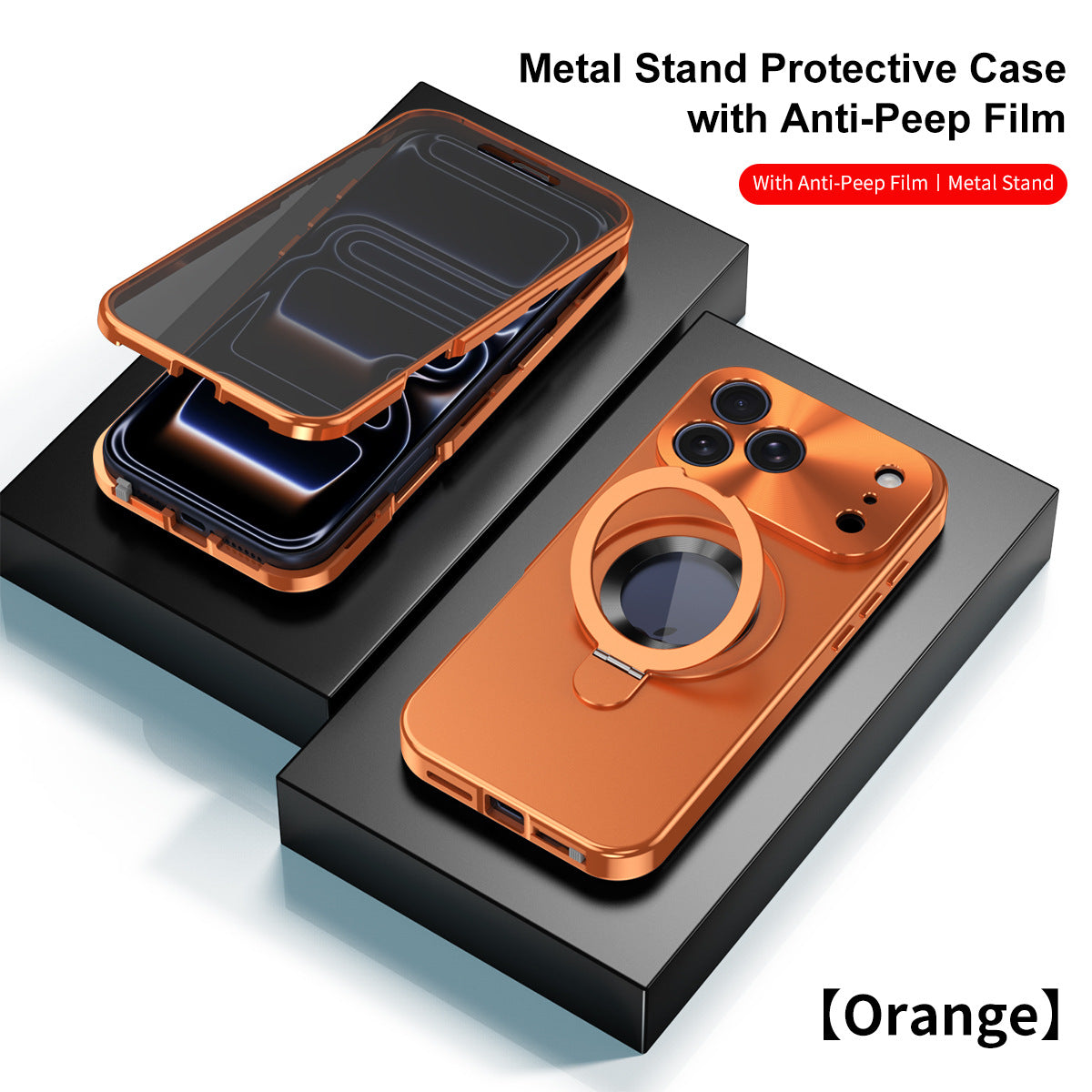 Magnetic Double-sided Metal Case With Anti-Peep Tempered Glass MagSafe Ring Holder For iPhone