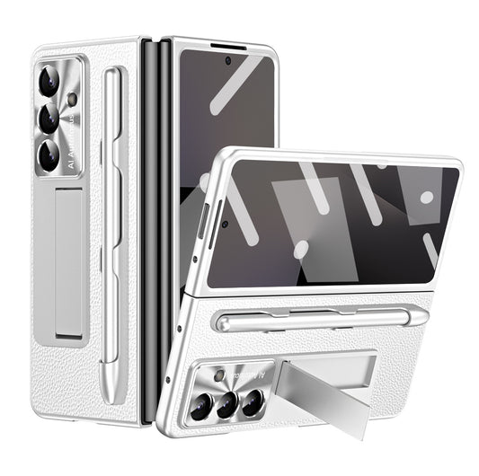 Business Electroplating Leather Phone Case With Screen Film & Stylus For Galaxy Z Fold 7/6/5/4/3