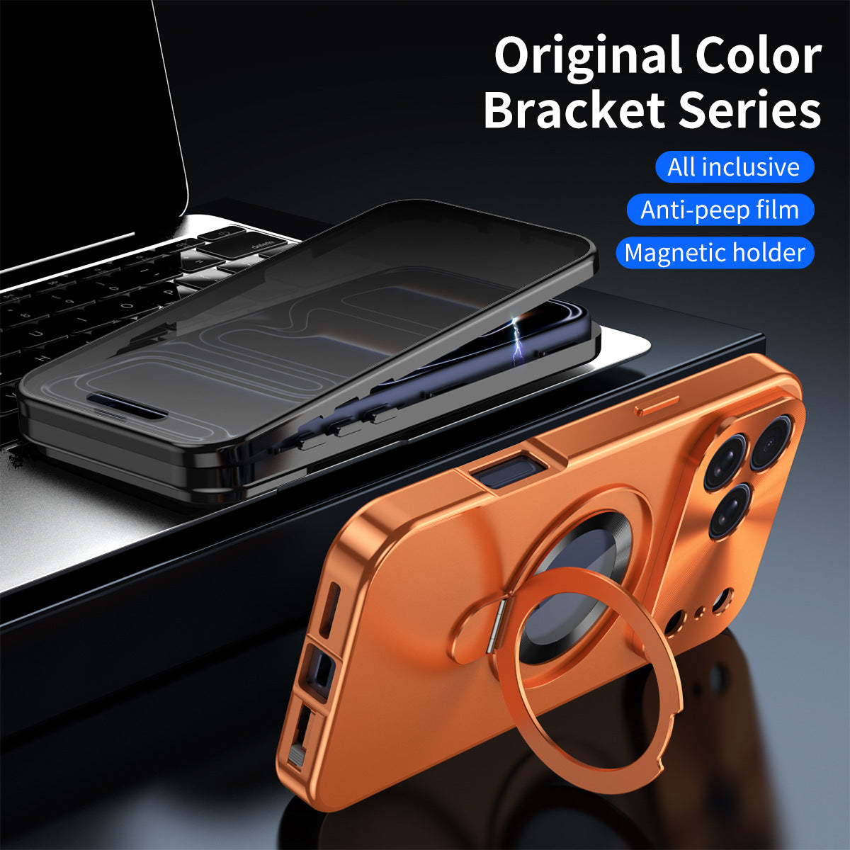 Magnetic Double-sided Metal Case With Anti-Peep Tempered Glass MagSafe Ring Holder For iPhone