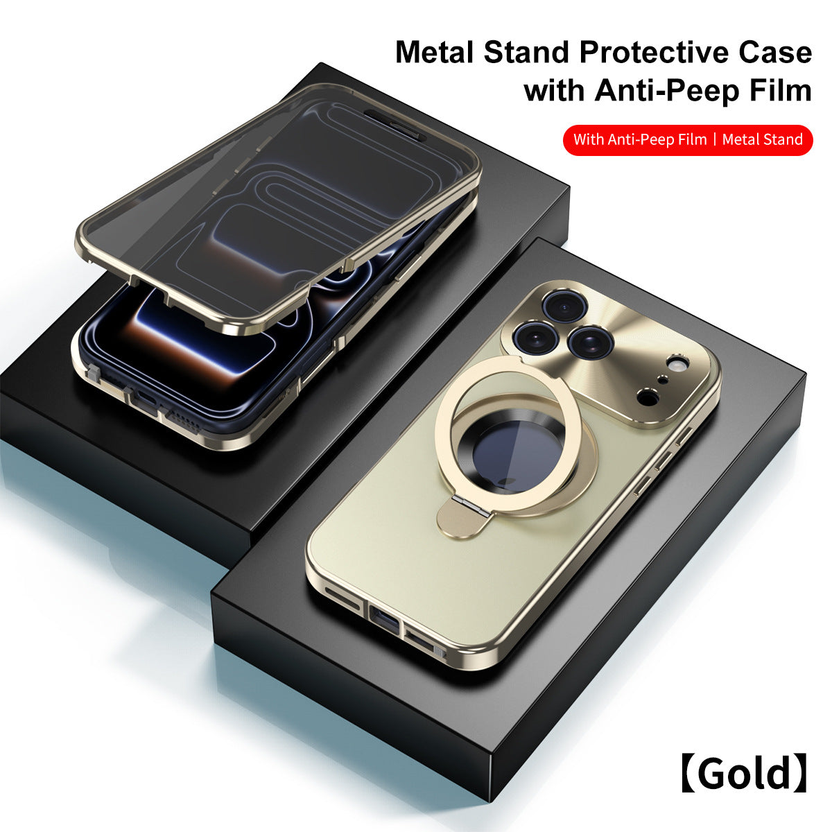 Magnetic Double-sided Metal Case With Anti-Peep Tempered Glass MagSafe Ring Holder For iPhone