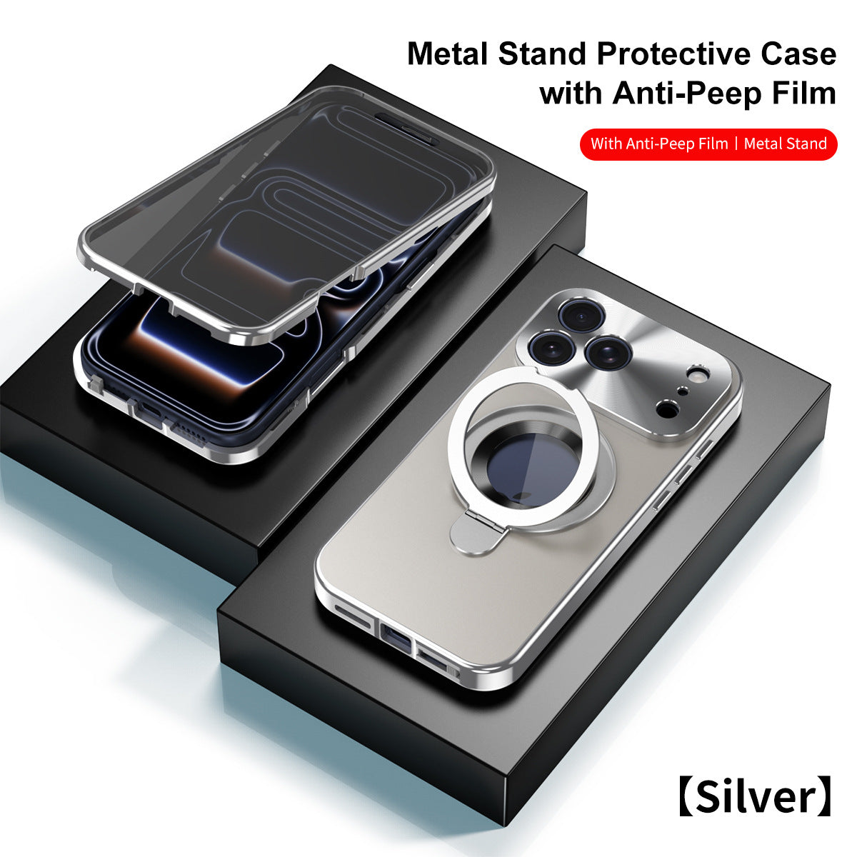 Magnetic Double-sided Metal Case With Anti-Peep Tempered Glass MagSafe Ring Holder For iPhone
