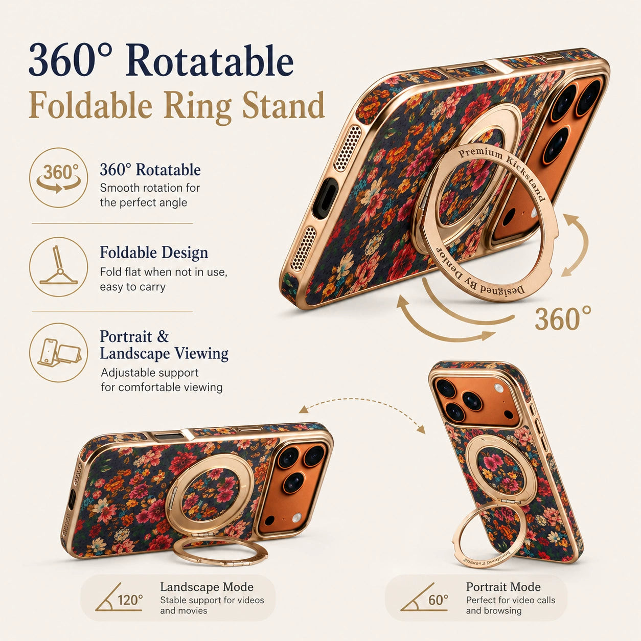 Luxury Floral Magnetic Rotating Ring Stand Leather iPhone Case