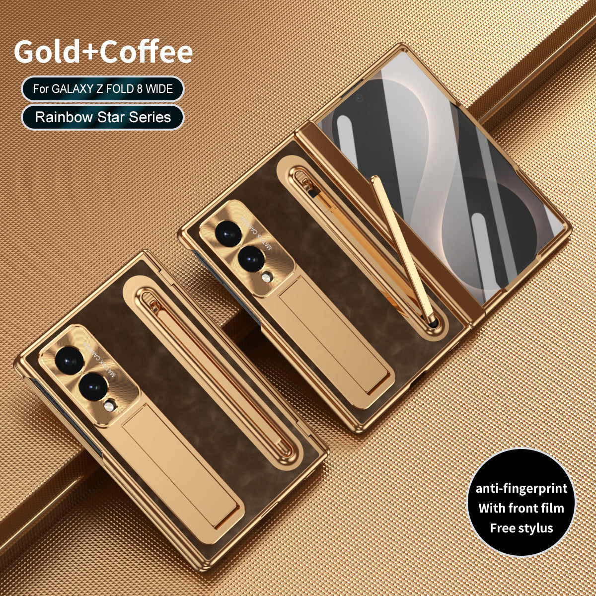 Leather Golden Electroplated Phone Case With Back Screen Glass and Stylus For Galaxy Z Fold 8/7/6/5/4
