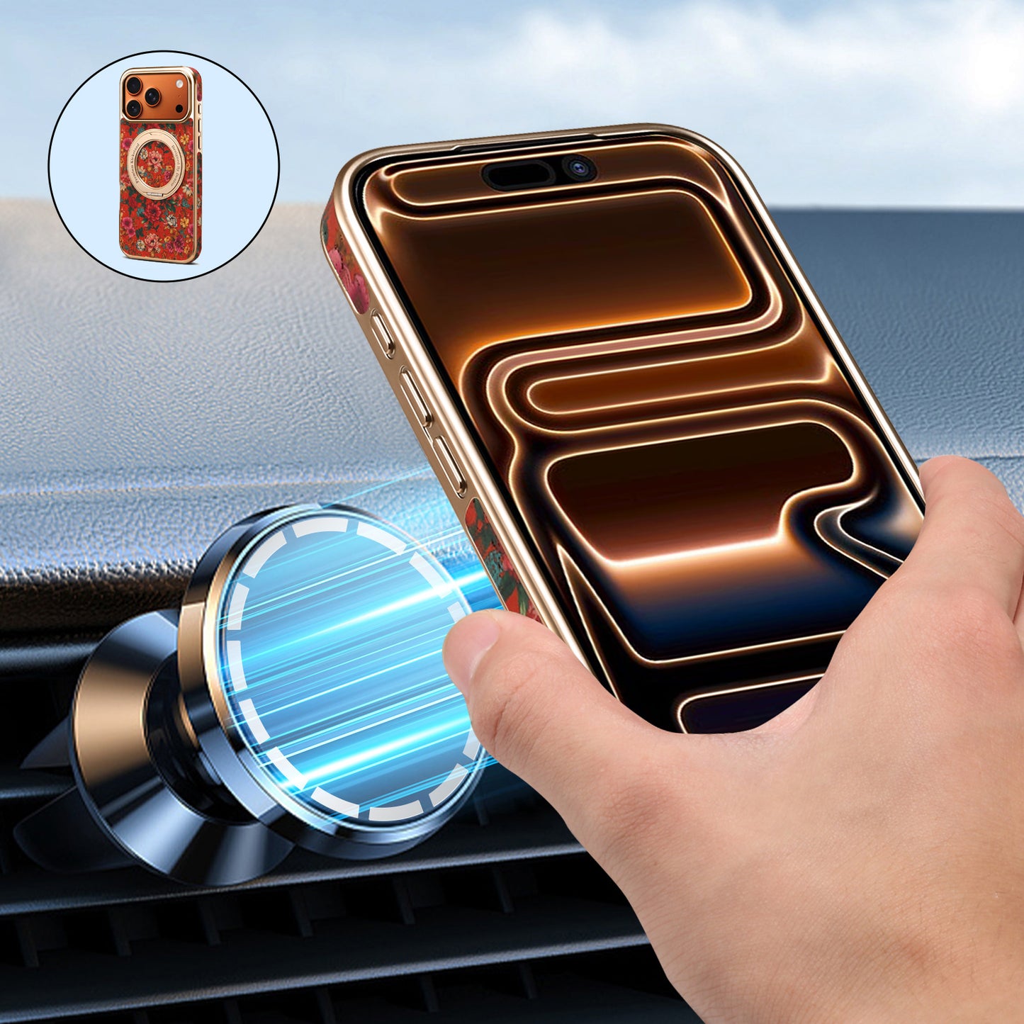 Luxury Floral Magnetic Rotating Ring Stand Leather iPhone Case