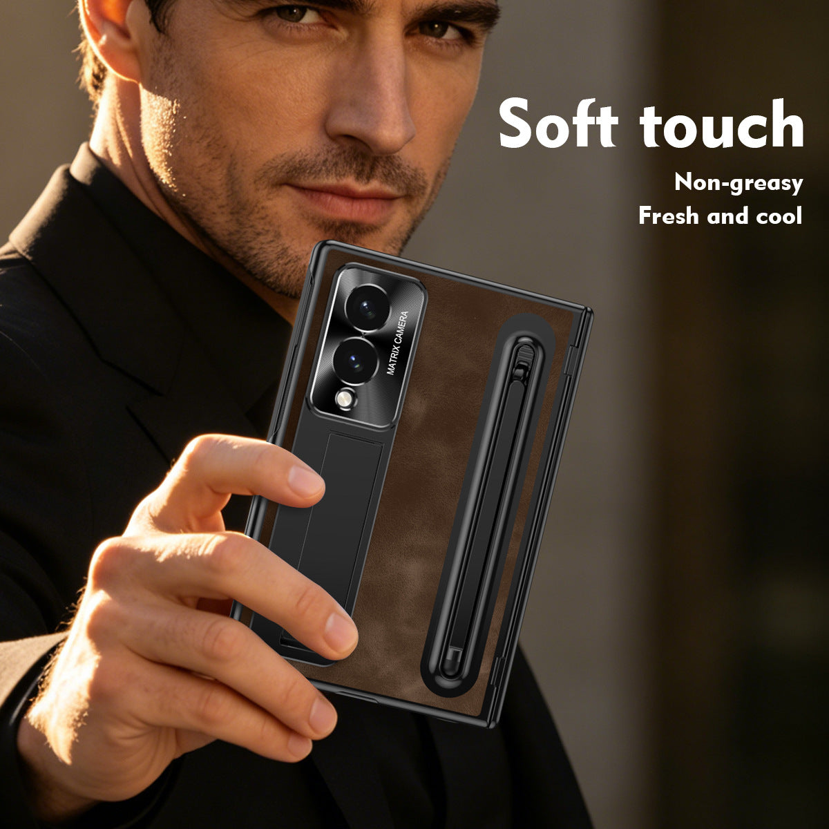 Jazz Retro Style Protective Leather Phone Case For Galaxy Fold 8/7/6/5/4 Wide Ultra With Built-in Tempered Glass Film & Pen-slot & Stylus