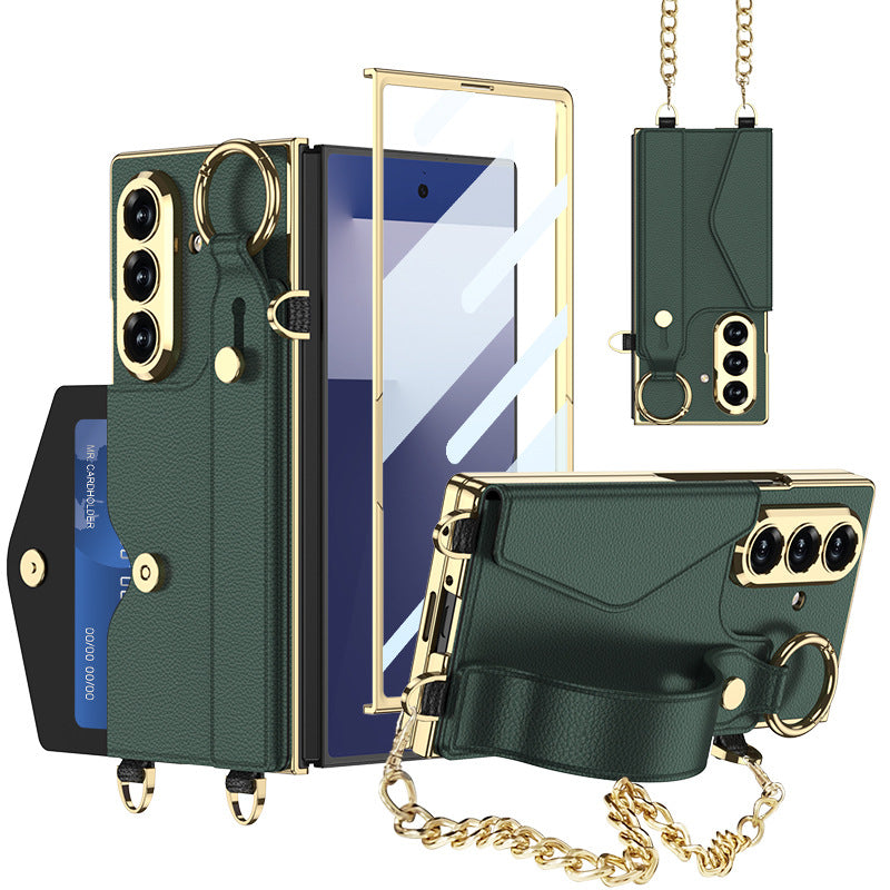 Luxurious Leather Phone Cover With Metal Chain & Wristband For Galaxy Z Fold 7/6