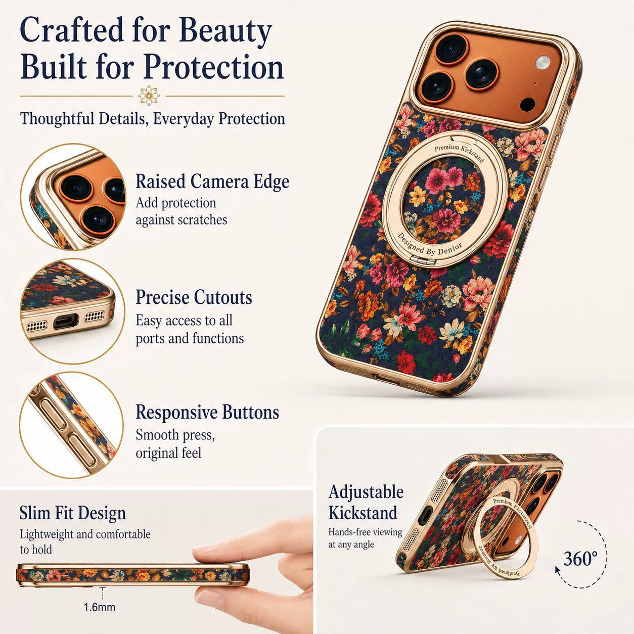 Luxury Floral Magnetic Rotating Ring Stand Leather iPhone Case