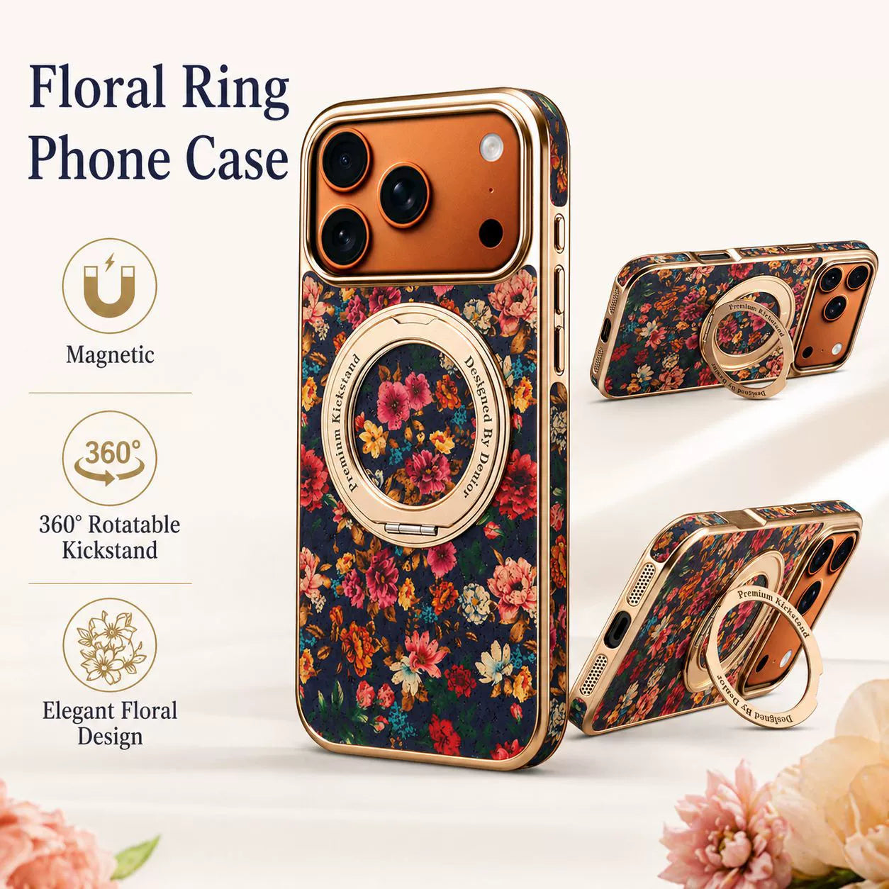 Luxury Floral Magnetic Rotating Ring Stand Leather iPhone Case