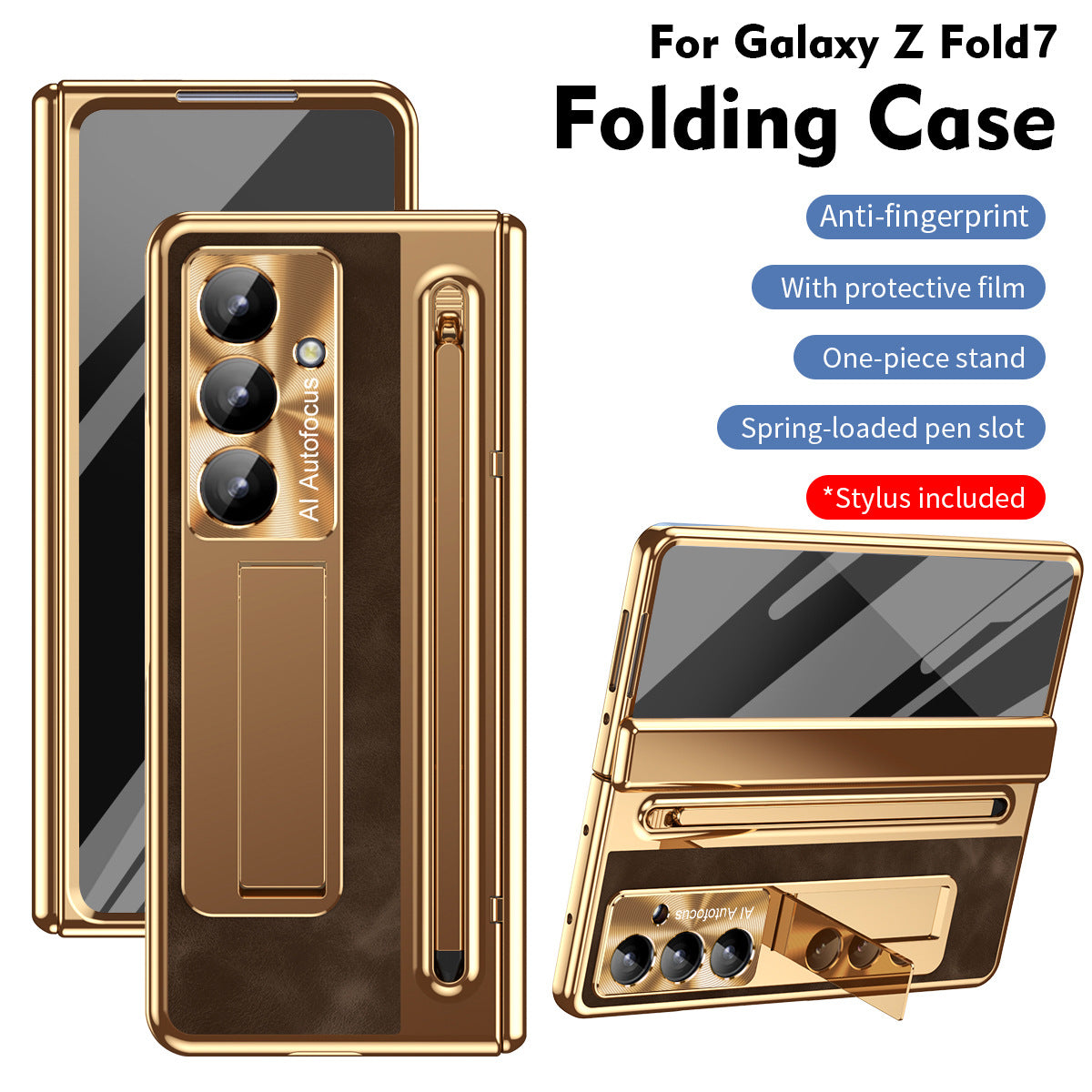 Leather Golden Electroplated Phone Case With Back Screen Glass and Stylus For Galaxy Z Fold 7/6/5/4