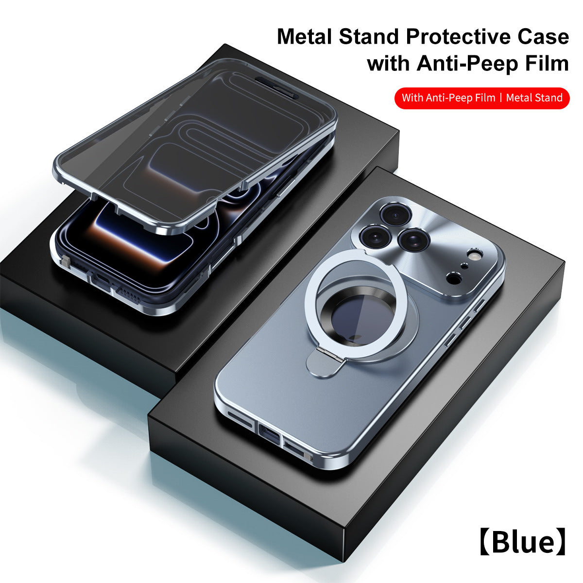 Magnetic Double-sided Metal Case With Anti-Peep Tempered Glass MagSafe Ring Holder For iPhone
