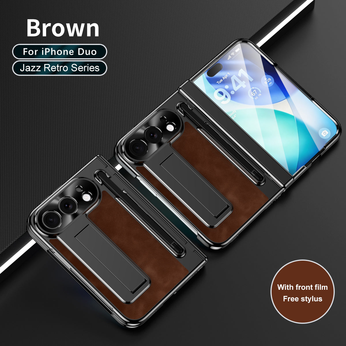 iPhone Duo - Jazz Retro Style Leather Cover Built-in Tempered Glass Film & Kickstand & Pen-slot & Stylus