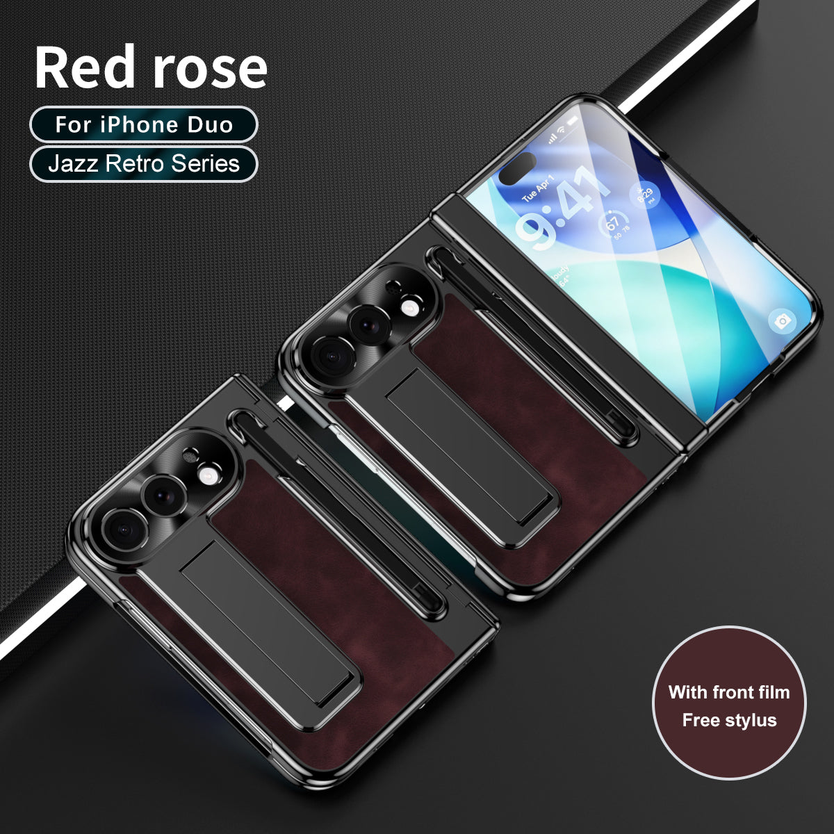 iPhone Duo - Jazz Retro Style Leather Cover Built-in Tempered Glass Film & Kickstand & Pen-slot & Stylus