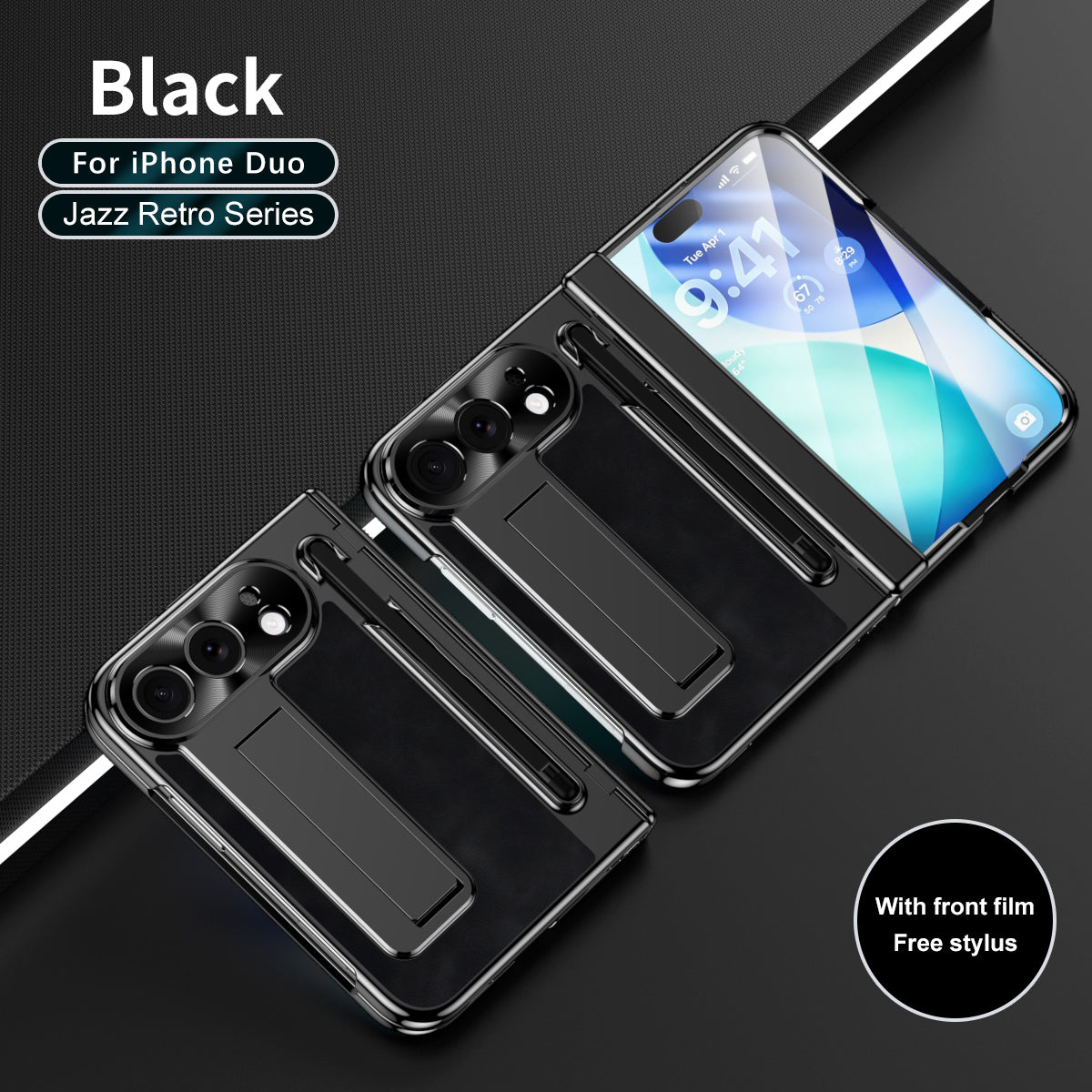 iPhone Duo - Jazz Retro Style Leather Cover Built-in Tempered Glass Film & Kickstand & Pen-slot & Stylus