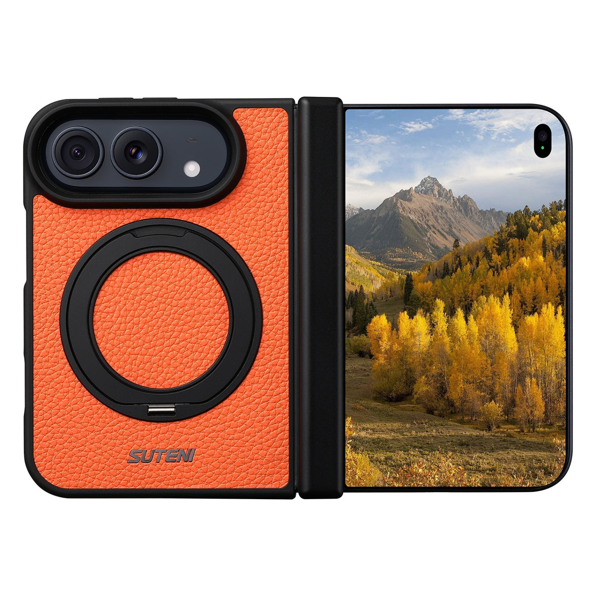 iPhone Duo | Pebbled Magnetic Leather Case with Hinge Protection & 360° Ring Stand