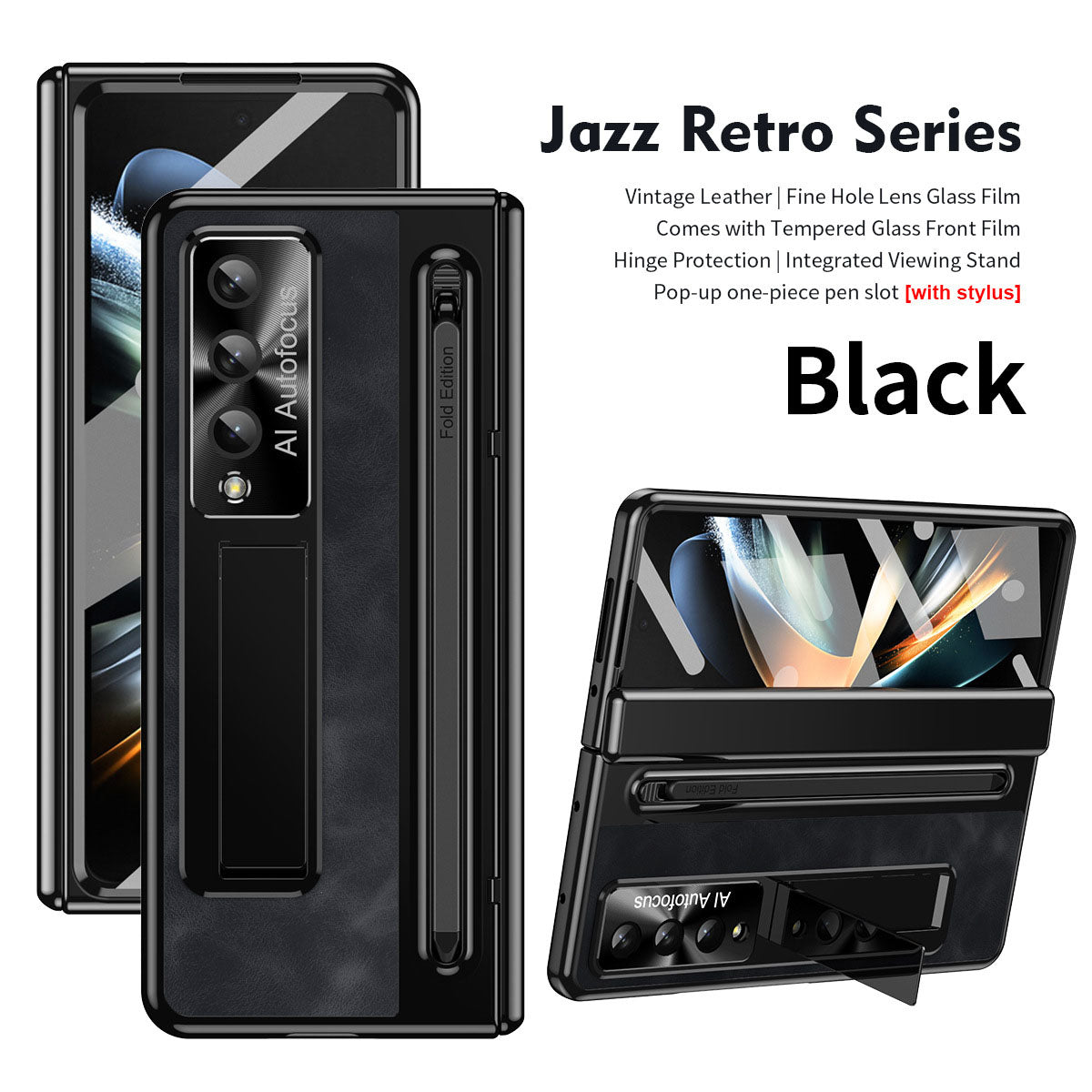 Jazz Retro Style Anyi-fall Protective Leather Phone Case For Samsung Galaxy Fold5 Fold4 With Front Protection Film And Stylus