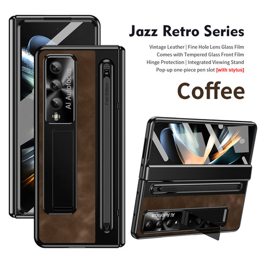 Jazz Retro Style Anyi-fall Protective Leather Phone Case For Samsung Galaxy Fold5 Fold4 With Front Protection Film And Stylus - Mycasety Mycasety