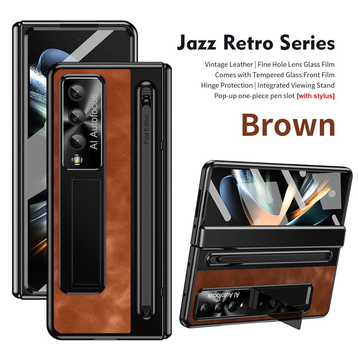 Jazz Retro Style Anyi-fall Protective Leather Phone Case For Samsung Galaxy Fold5 Fold4 With Front Protection Film And Stylus - Mycasety Mycasety
