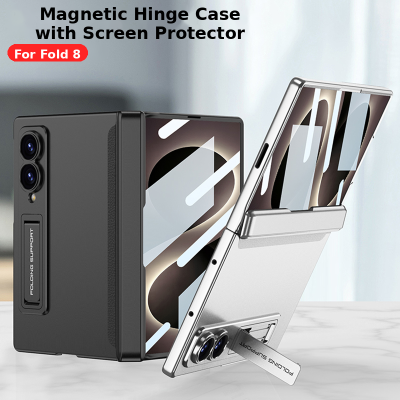 Galaxy Z Fold8 Wide Ultra Rugged Magnetic Hinge Protection Case with Built-In Kickstand & Screen Glass Film