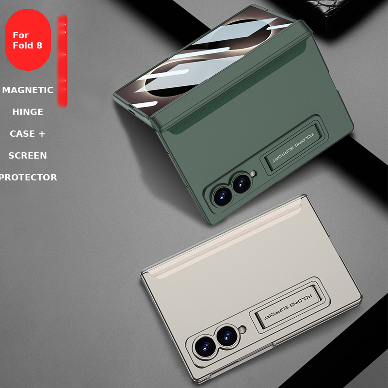 Galaxy Z Fold8 Wide Ultra Rugged Magnetic Hinge Protection Case with Built-In Kickstand & Screen Glass Film