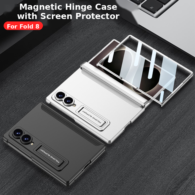 Galaxy Z Fold8 Wide Ultra Rugged Magnetic Hinge Protection Case with Built-In Kickstand & Screen Glass Film