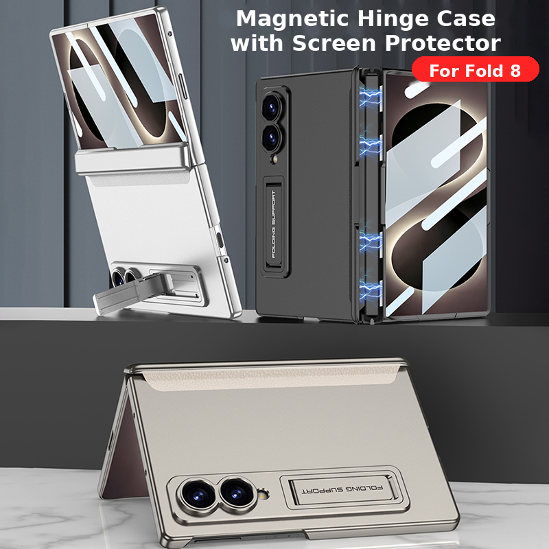 Galaxy Z Fold8 Wide Ultra Rugged Magnetic Hinge Protection Case with Built-In Kickstand & Screen Glass Film