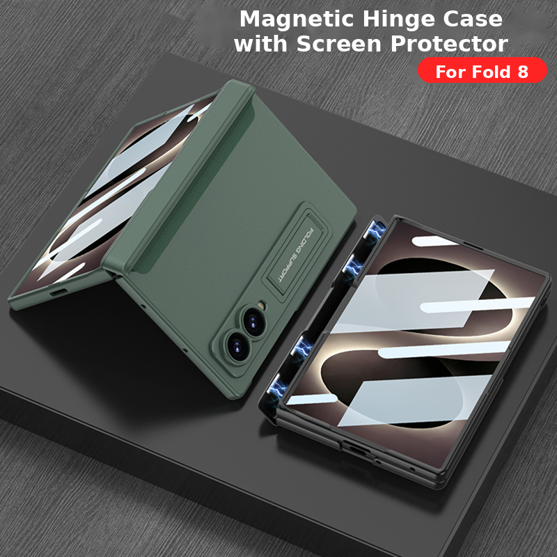 Galaxy Z Fold8 Wide Ultra Rugged Magnetic Hinge Protection Case with Built-In Kickstand & Screen Glass Film