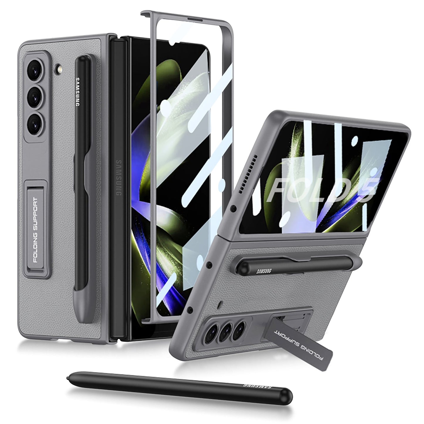 Slim Leather Samsung Galaxy Z Fold 5 Case with Front Screen Tempered Glass Protector & Pen Slot & Stylus - Mycasety Mycasety