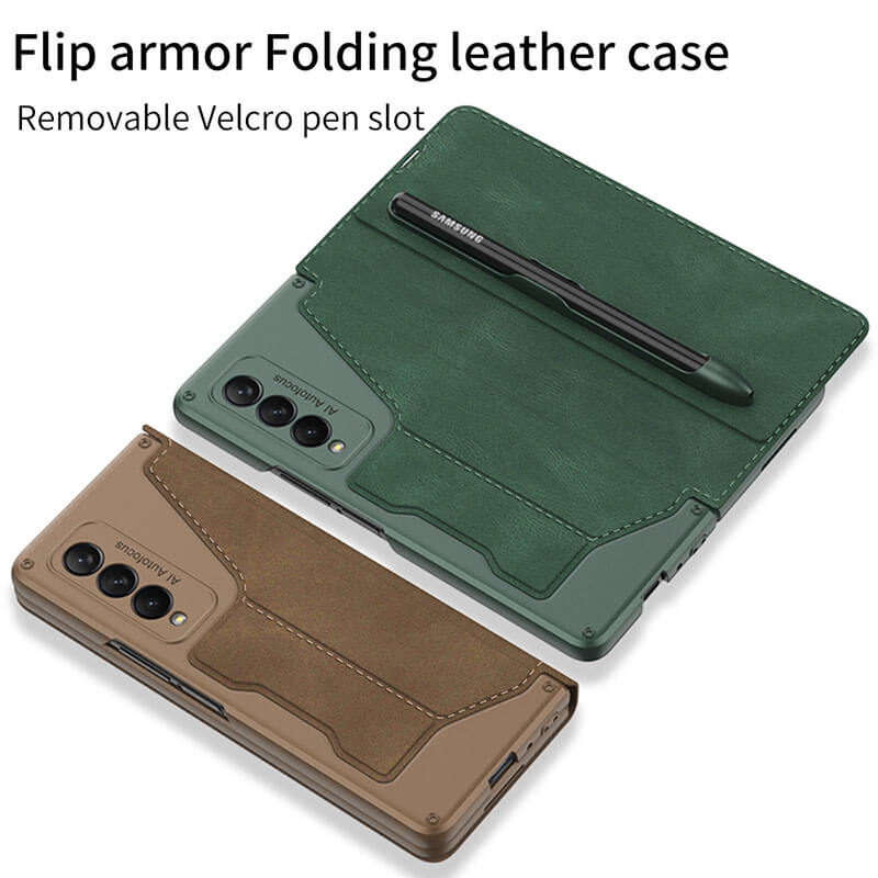 Leather Pen Holder Armor Back Case For Samsung Galaxy Z Fold3 Fold4 5G - mycasety2023 Mycasety