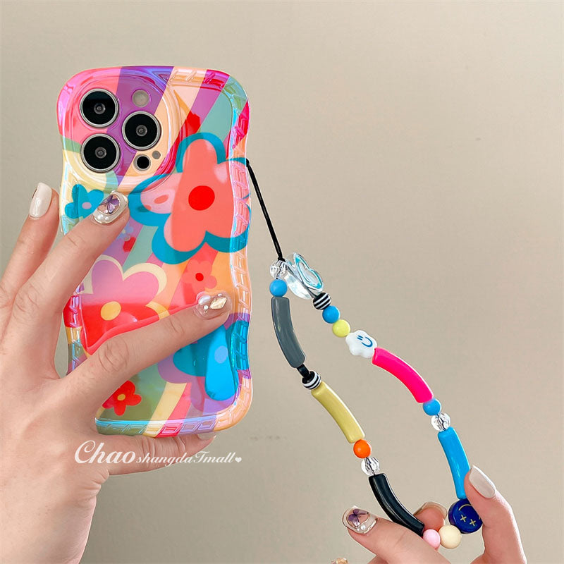 3D Colorful Oil Painting Exquisite Flower Graffiti Case For iPhone With Bracelet - Mycasety Mycasety