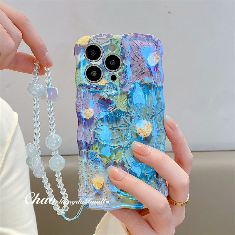 3D Colorful Oil Painting Exquisite Flower Graffiti Case For iPhone With Bracelet - mycasety2023 Mycasety