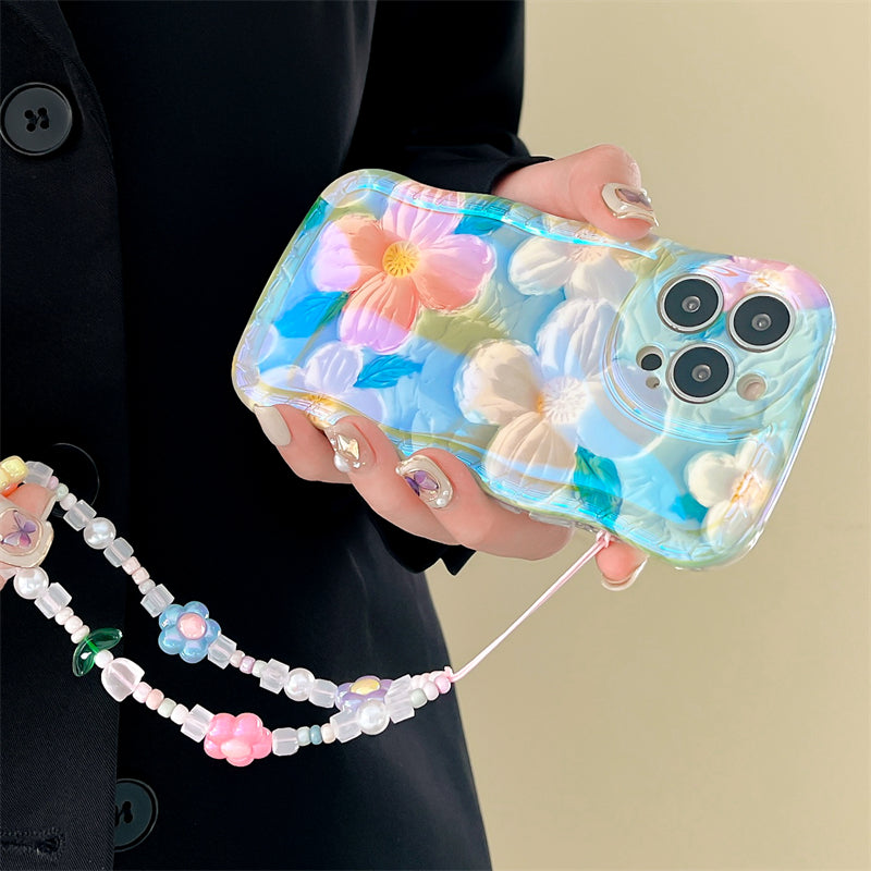 3D Colorful Oil Painting Exquisite Flower Graffiti Case For iPhone With Bracelet - Mycasety Mycasety
