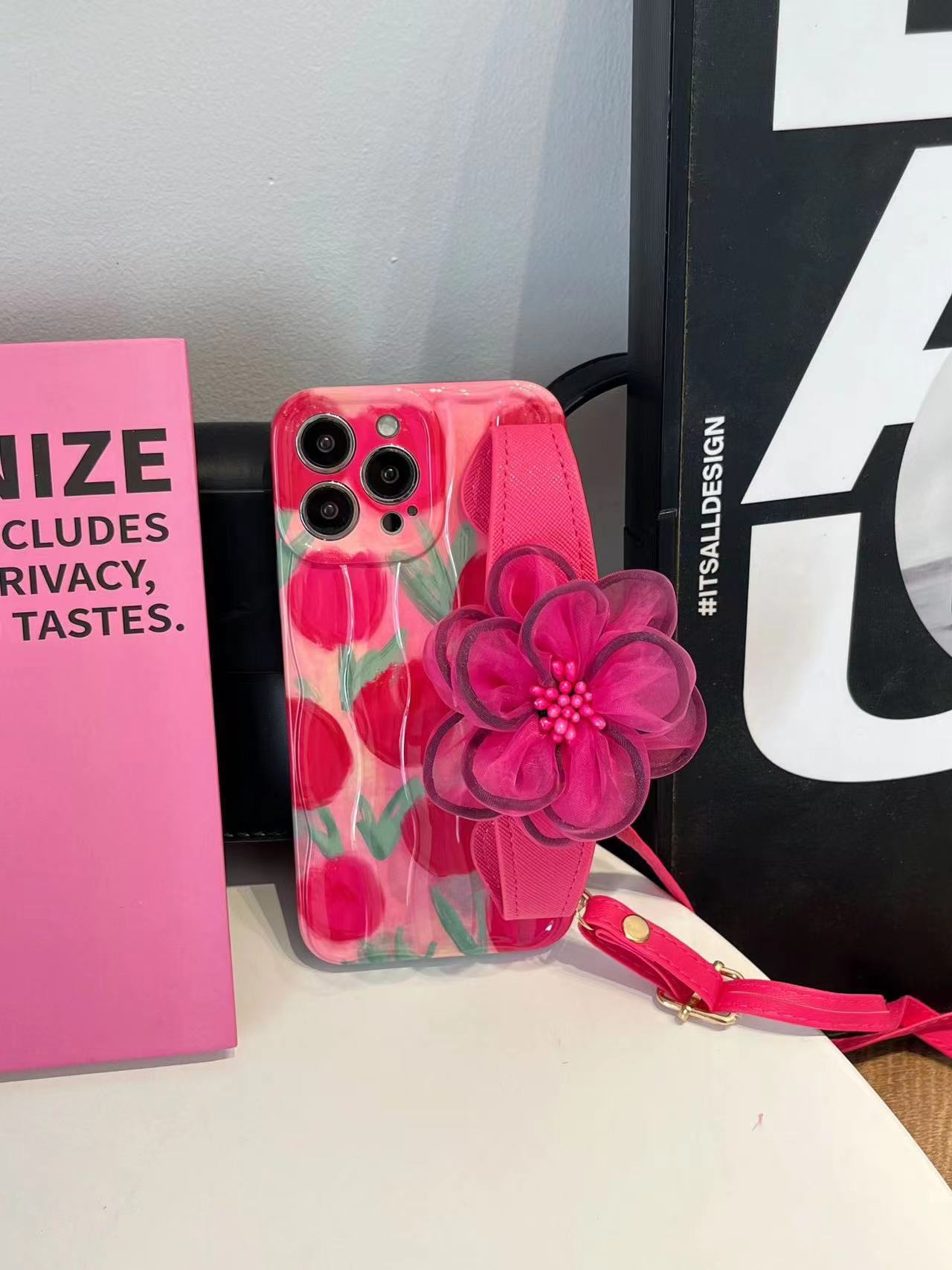Icy Black Pink Flower Wristband iPhone Case with Messenger Strap - Mycasety Mycasety
