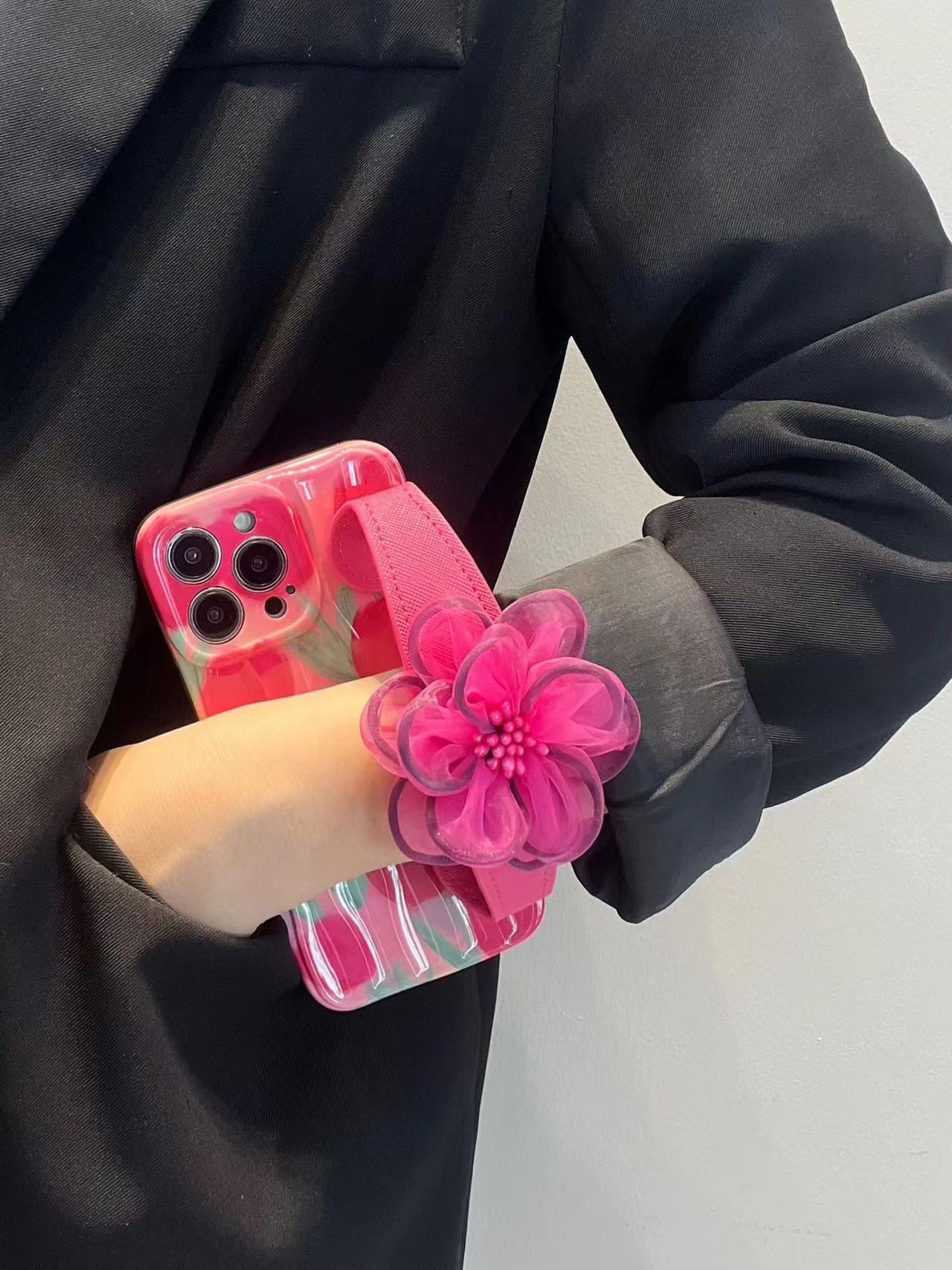 Icy Black Pink Flower Wristband iPhone Case with Messenger Strap - Mycasety Mycasety