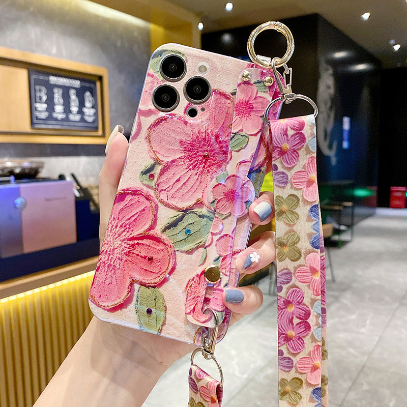 New Oil Painting Flower Wristband iPhone Case with Messenger Rope - Mycasety Mycasety