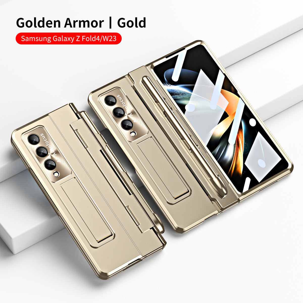 Enhanced Version of Golden Armor Hinge Folding Magnetic Bracket Shell Case For Samsung Galaxy Z Fold3 Fold4 5G With S-Pen Slot & Stylus - mycasety2023 Mycasety