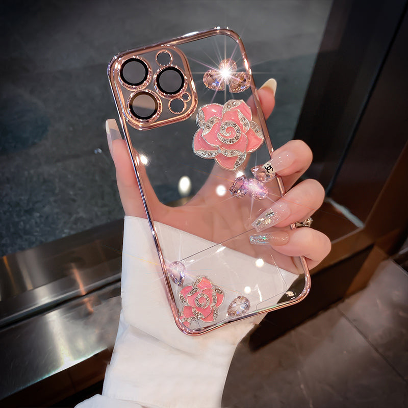 Luxury Camellia Transparent iPhone case with Lens Film - Mycasety Mycasety