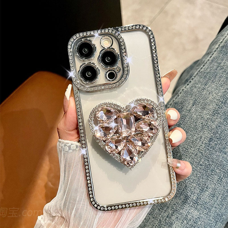 Light Luxury Electroplating Rhinestone Love Bracket iPhone Case - mycasety2023 Mycasety