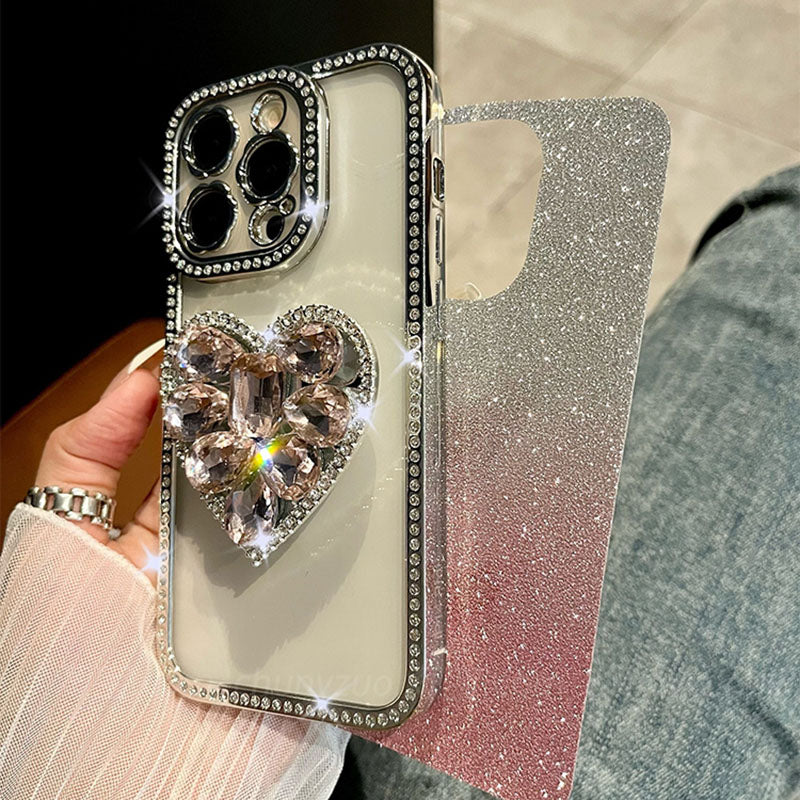 Light Luxury Electroplating Rhinestone Love Bracket iPhone Case - mycasety2023 Mycasety