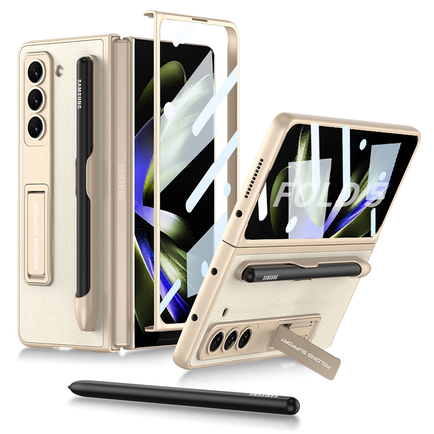 Slim Leather Samsung Galaxy Z Fold 5 Case with Front Screen Tempered Glass Protector & Pen Slot & Stylus - Mycasety Mycasety