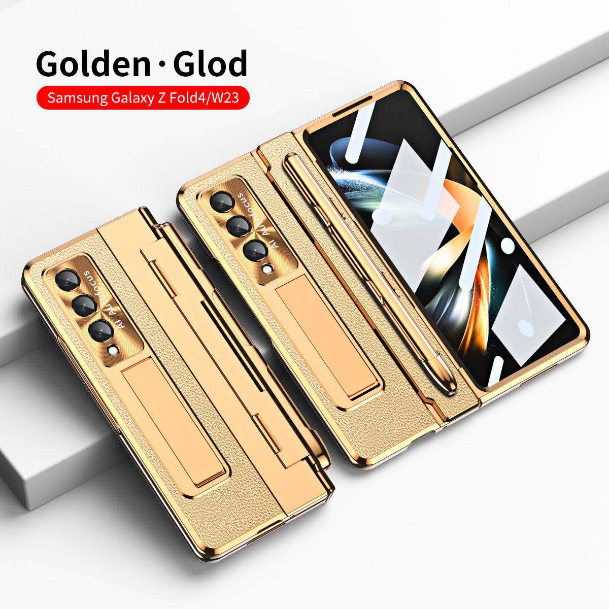 Hinge Folding Leather Magnetic Bracket Shell Electroplated Case For Samsung Galaxy Z Fold4 Fold3 5G With S Pen Slot & Stylus - Mycasety Mycasety