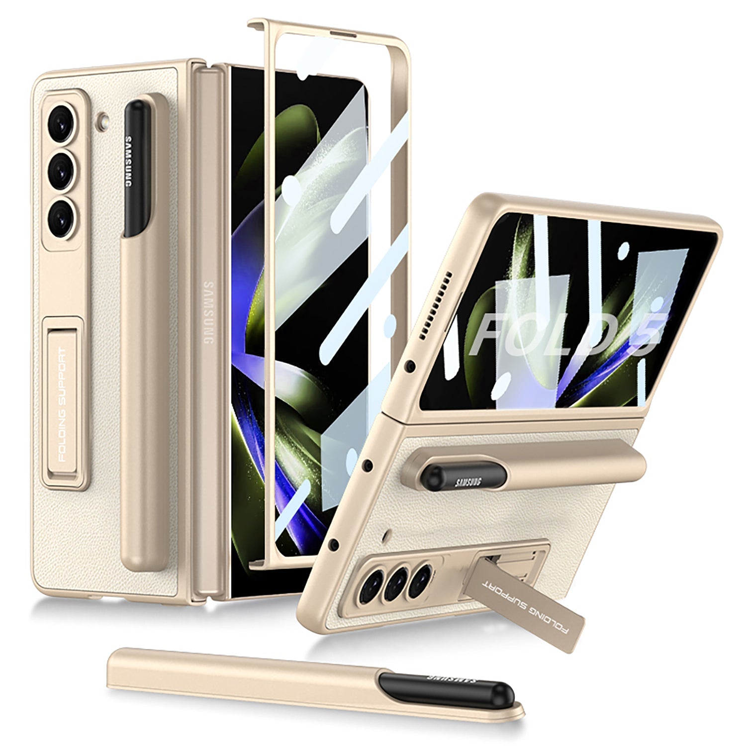 Samsung Galaxy Z Fold 5 Case with Front Screen Tempered Glass Protector & Pen Slot & Stylus - mycasety2023 Mycasety