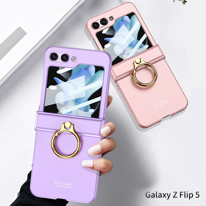Electroplated hinge all-inclusive Case with Ring Front Screen Tempered Glass Protective Film For Samsung Galaxy Z Flip5 - Mycasety Mycasety